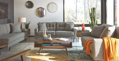 Modern living room with gray sofas, cactus, and mid-century decor