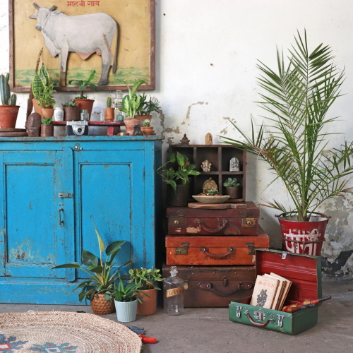Bohemian-style room with blue cabinet, plants, and vintage decor