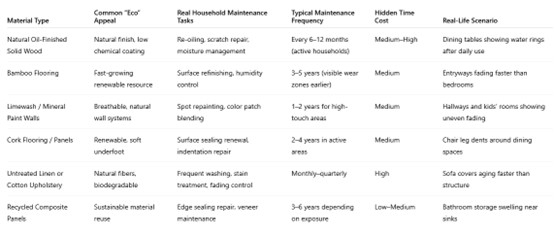 Table comparing eco-friendly home materials and their maintenance needs
