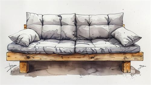 Watercolor sketch of a rustic wooden-framed sofa