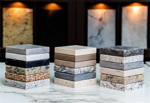 Stacked stone and countertop material samples