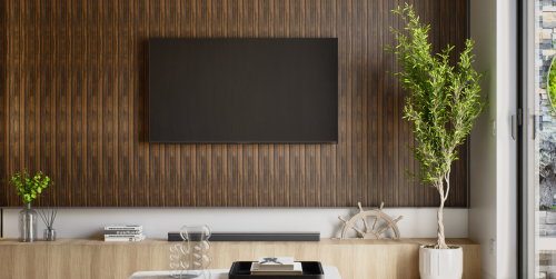 Modern living room with wooden slat TV wall