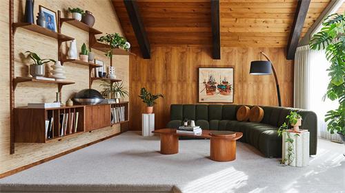 Mid-century modern living room with wood-paneled walls