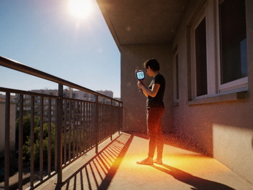 Person using thermal camera on sunny apartment balcony
