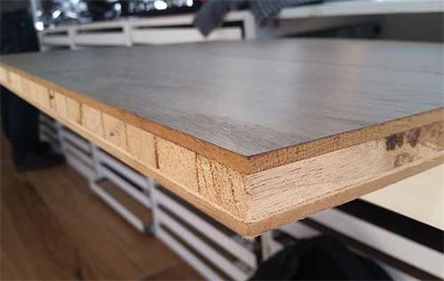 Close-up cross-section of blockboardengineered wood tabletop