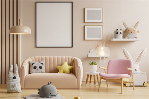 Soft pastel-themed kids' room with pink sofa, bunny decor, and plush toys