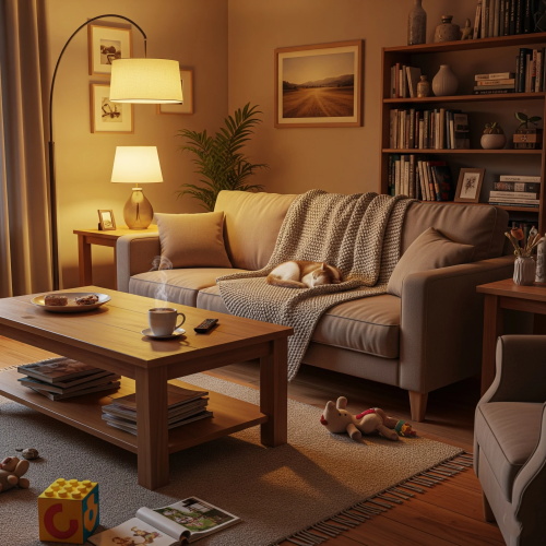 Cozy living room with a dog sleeping on the sofa and scattered toys