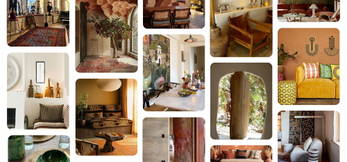 Bohemian interior design collage with warm tones, patterns, and natural materials