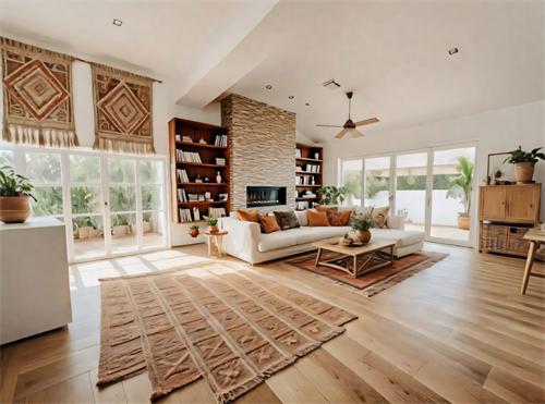 Bohemian-style living room with stone fireplace and tribal decor