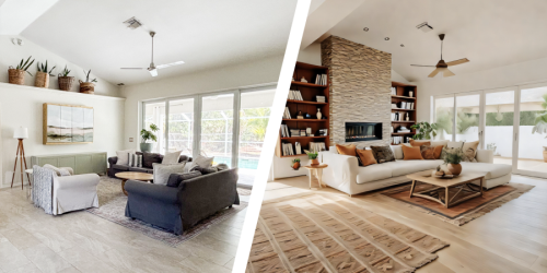 Before and after living room renovation split comparison