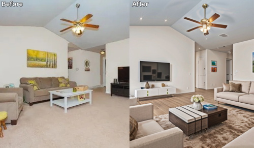Before and after living room home staging comparison