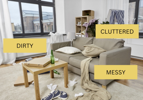 Messy, cluttered, and dirty living room