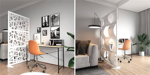 Split comparison of two modern room dividers with home office setups