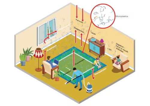 Infographic showing indoor microplastic pollution pathways