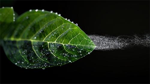 Green leaf with water droplets, being sprayed with mist